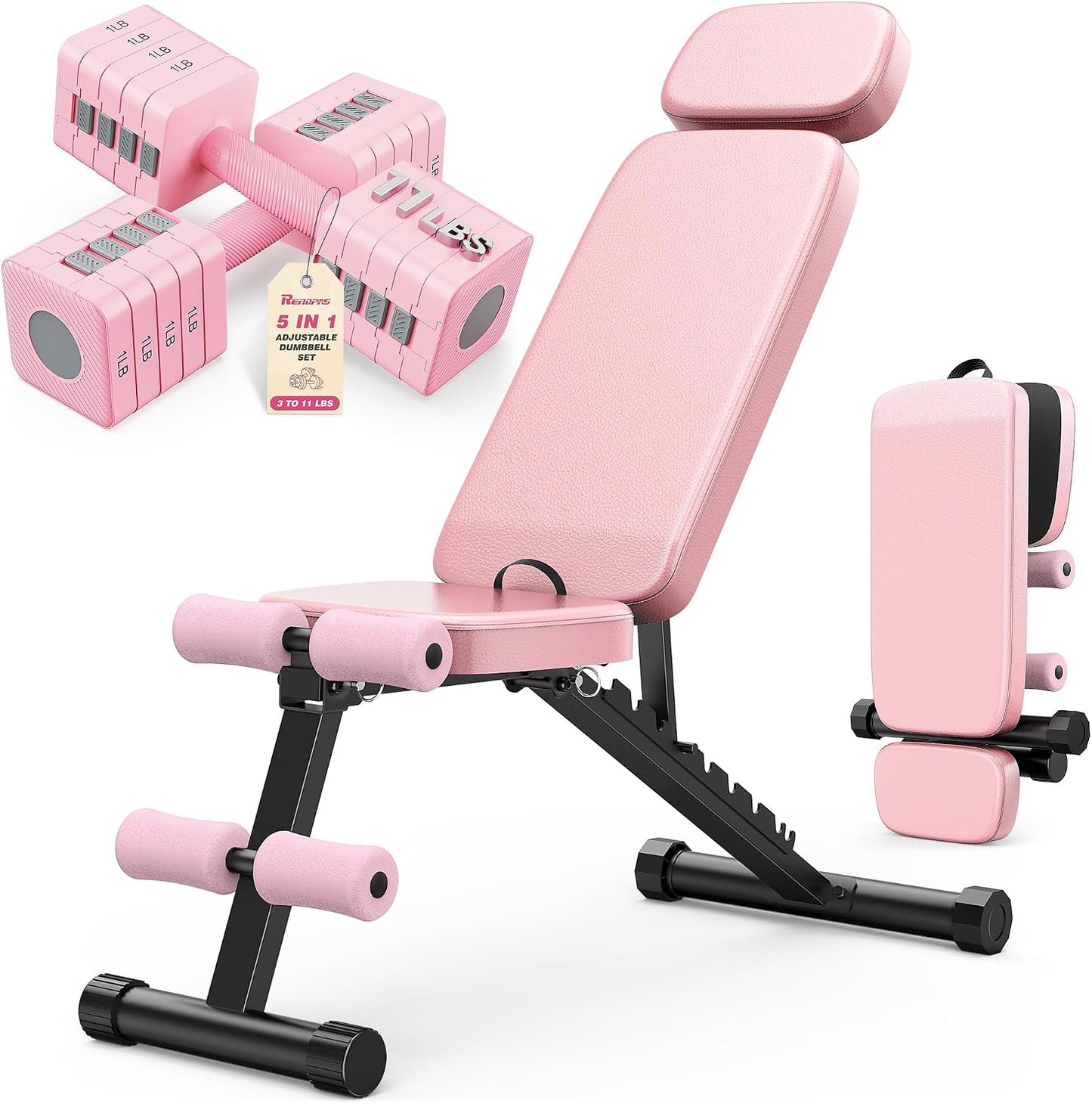 Rendpas Adjustable Dumbbell Set of 2 with Bench, 1-Sec Quick-Adjust Dual-Lock Design Dumbell Set for Women & Men, Compact No-Roll Hand Weights for Home Gym Strength Training & Pilates