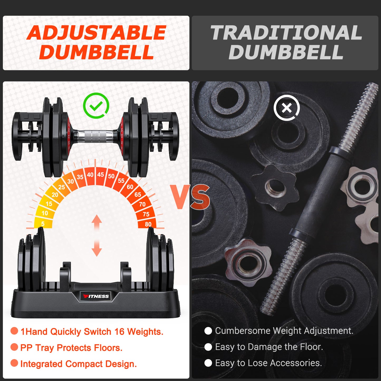 16 in 1 Adjustable Dumbbells-80LB Pair