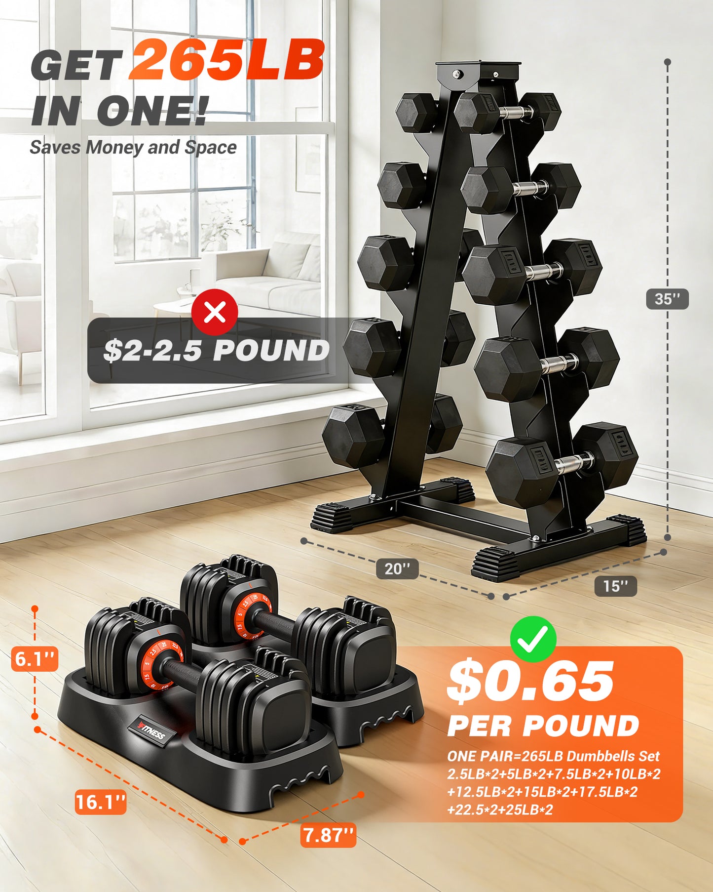 25 lbs Adjustable Dumbbells Set - 10 Weights