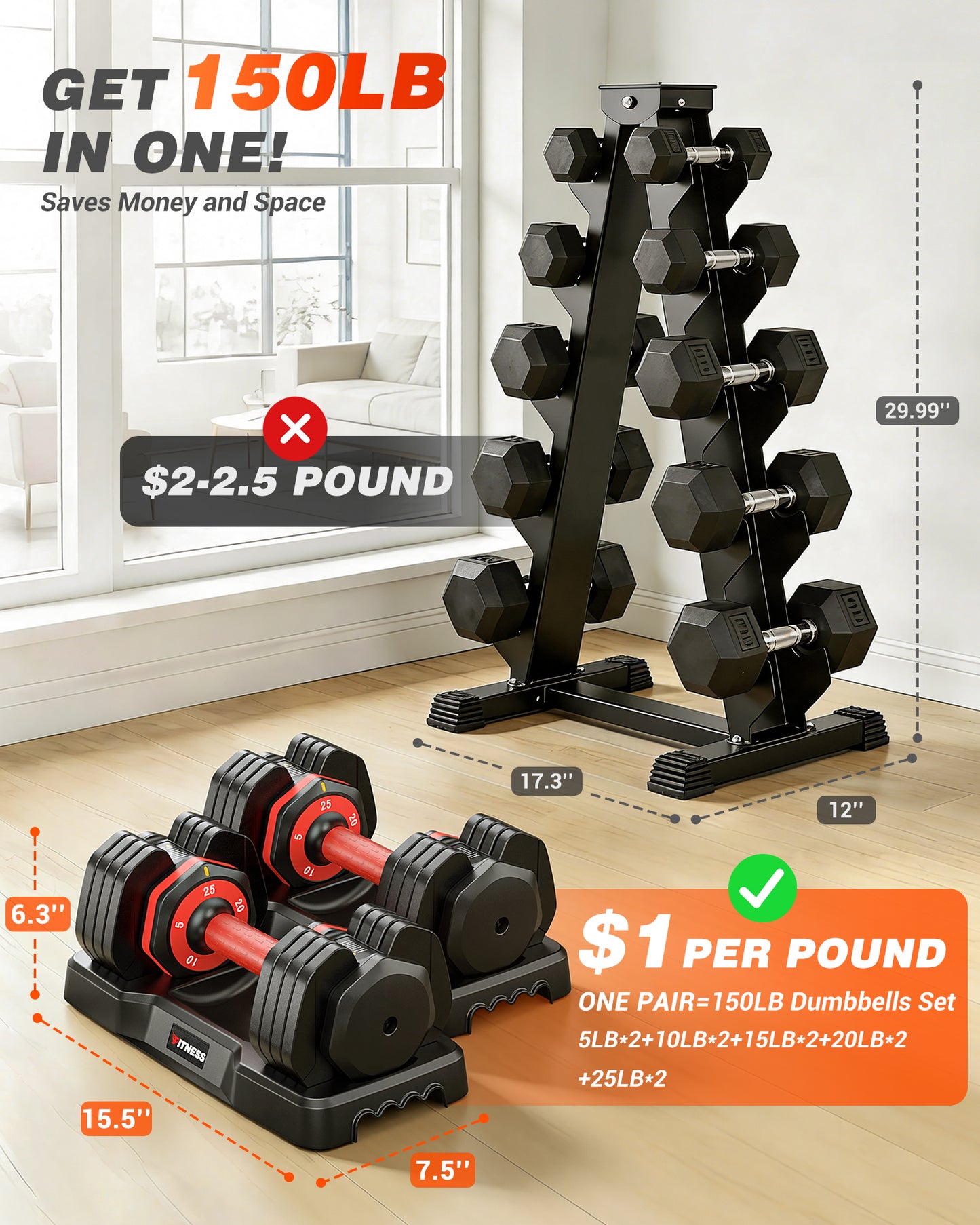 25 lbs Adjustable Dumbbells Set - 5 Weights