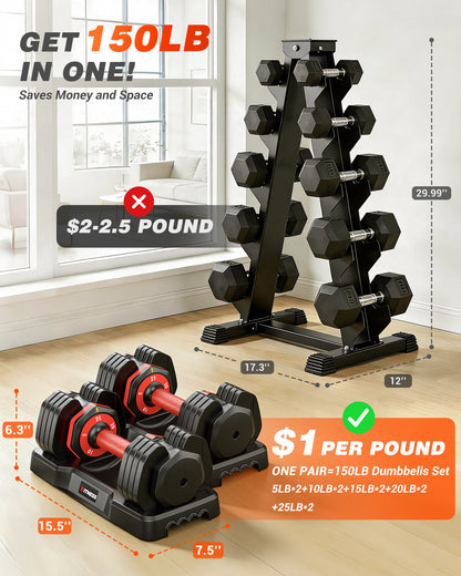 25 lbs Adjustable Dumbbells Set - 5 Weights
