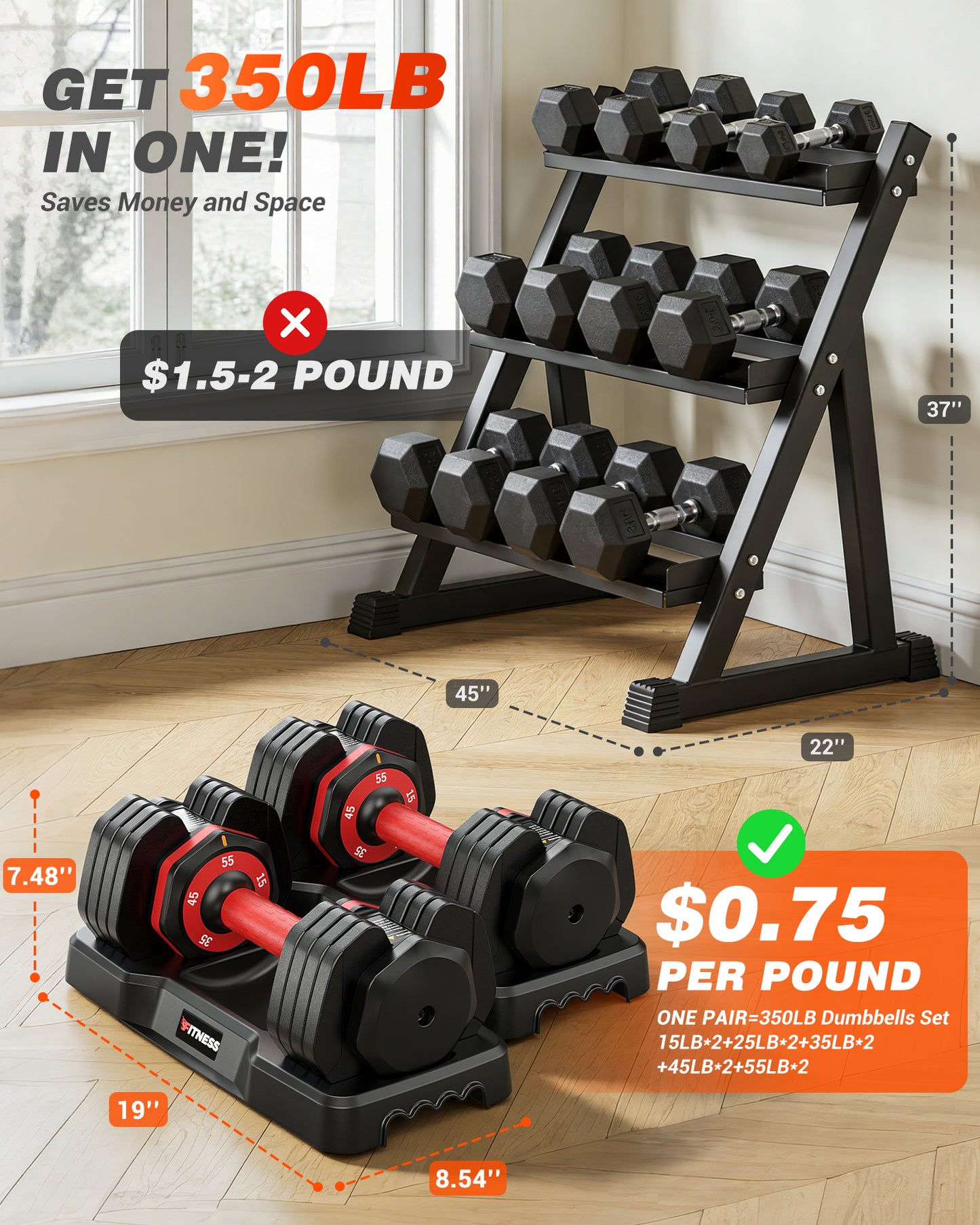 55 lbs Adjustable Dumbbells Set - 5 Weights