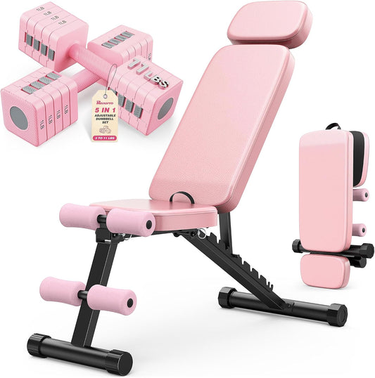 Rendpas Adjustable Dumbbell Set of 2 with Bench, 1-Sec Quick-Adjust Dual-Lock Design Dumbell Set for Women & Men, Compact No-Roll Hand Weights for Home Gym Strength Training & Pilates